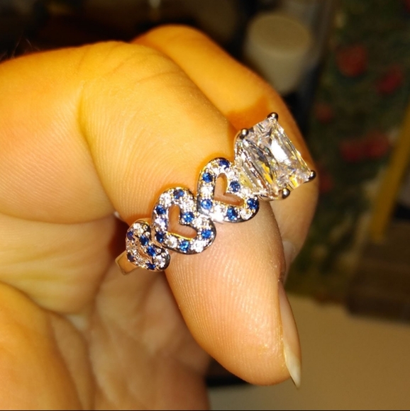 14k White Gold Over Silver Emerald Cut Diamond Heart Cut Out Sapphire Ring sz 10